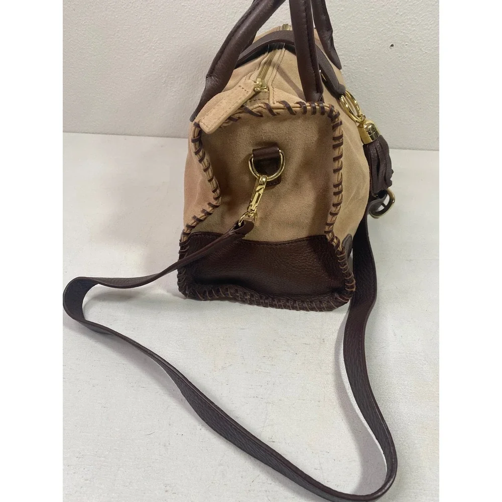 Talbots Tan Suede Brown Leather Whipstitch Tassel Satchel Crossbody Bag Purse